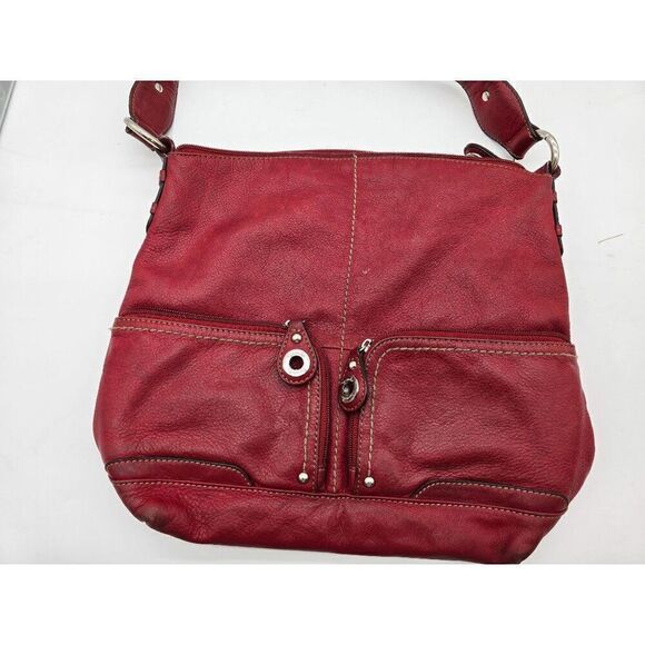 Red Leather Tignanello Shoulder Bag With Front Pockets & Adjustable Strap - Picture 1 of 7